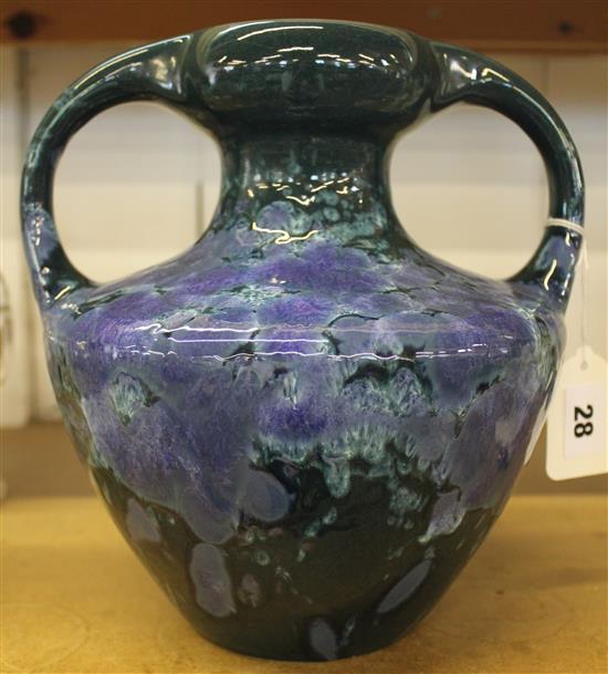 Pottery two-handled vase, blue-green mottled glaze